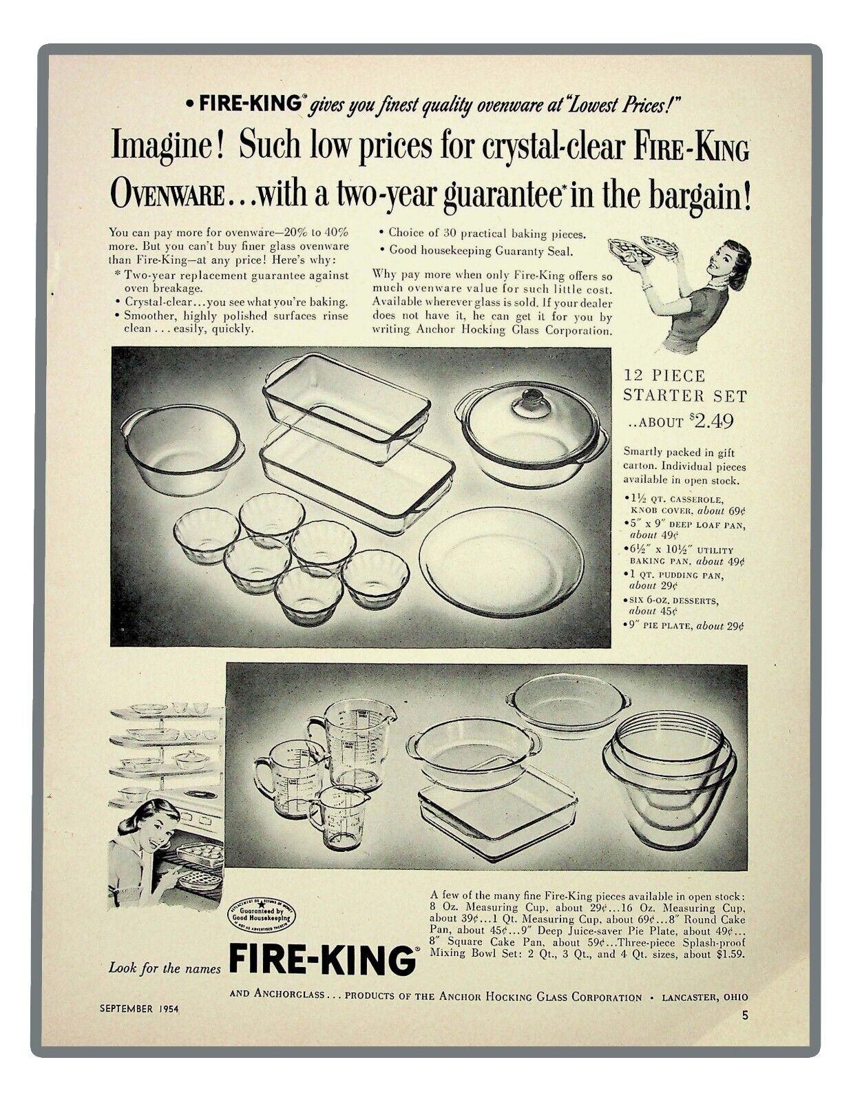 1954 Fire-King Crystal-Clear Ovenware Casserole Loaf Pan Vintage Print Ad