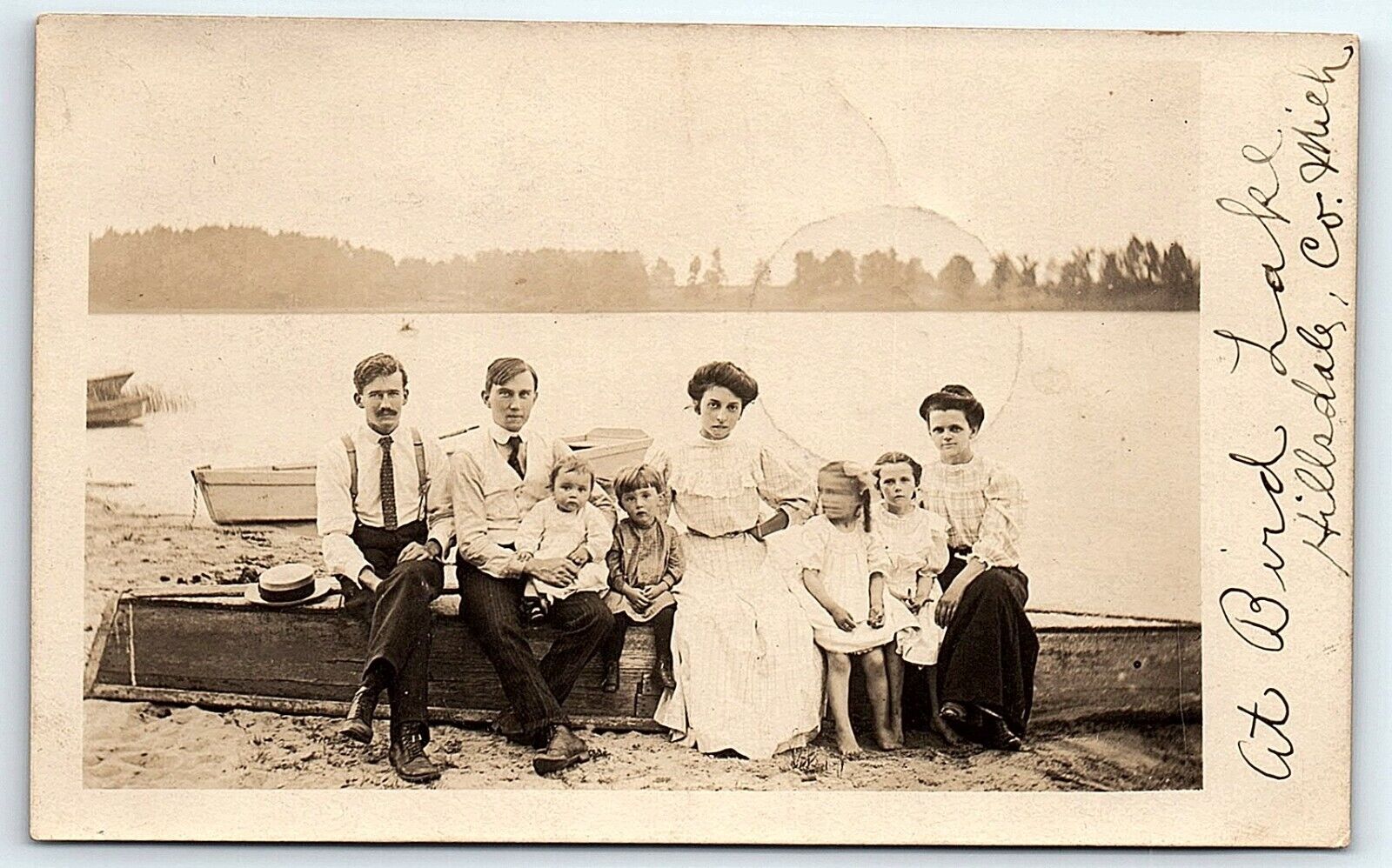 1908 Bird Lake Pittsford to Springport MI RPPC 4 Adults 4 Children Boat Postcard