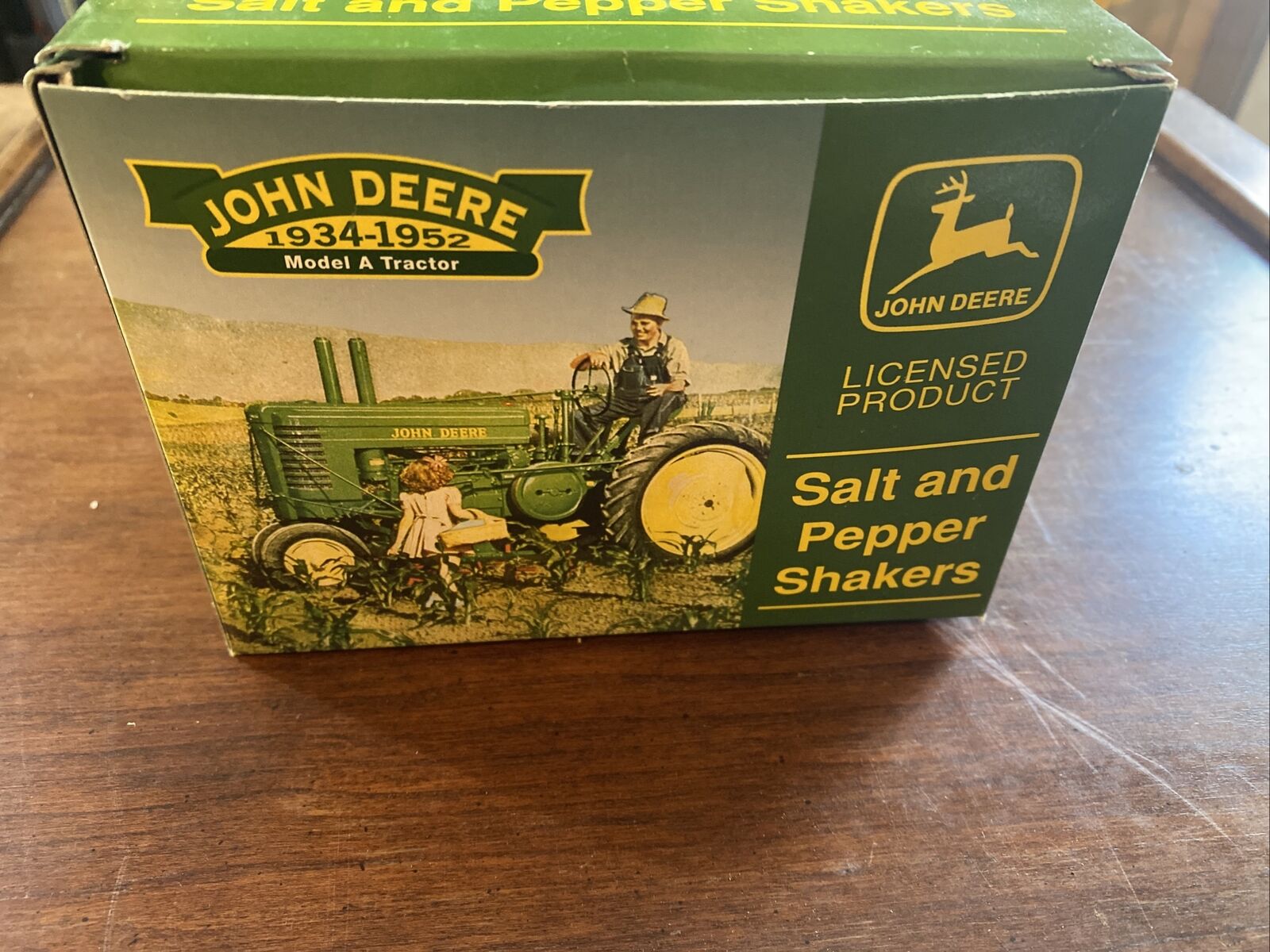 John Deere Salt and Pepper Shaker Unused Open Box 1934 - 52 Model A Tractor