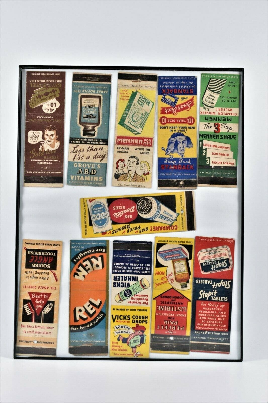 Vintage Lot Nicely Framed Matchbook Covers Mennen Squibb Vicks Listerine Stopit