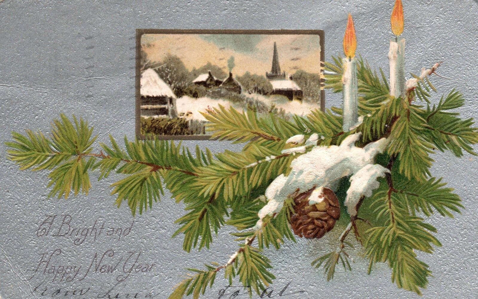 VINTAGE POSTCARD A BRIGHT AND HAPPY NEW YEAR GREETING THISTLE CANDLES SNOW 1906