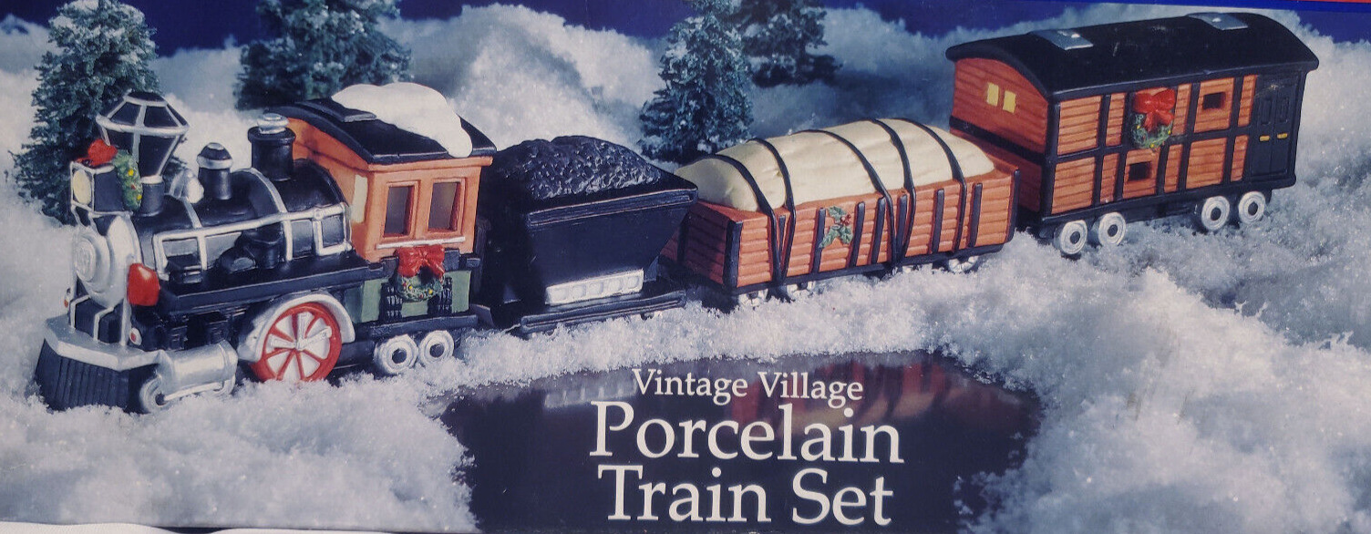 Holiday Time Village Christmas Collectible Porcelain 4 Piece Train Set