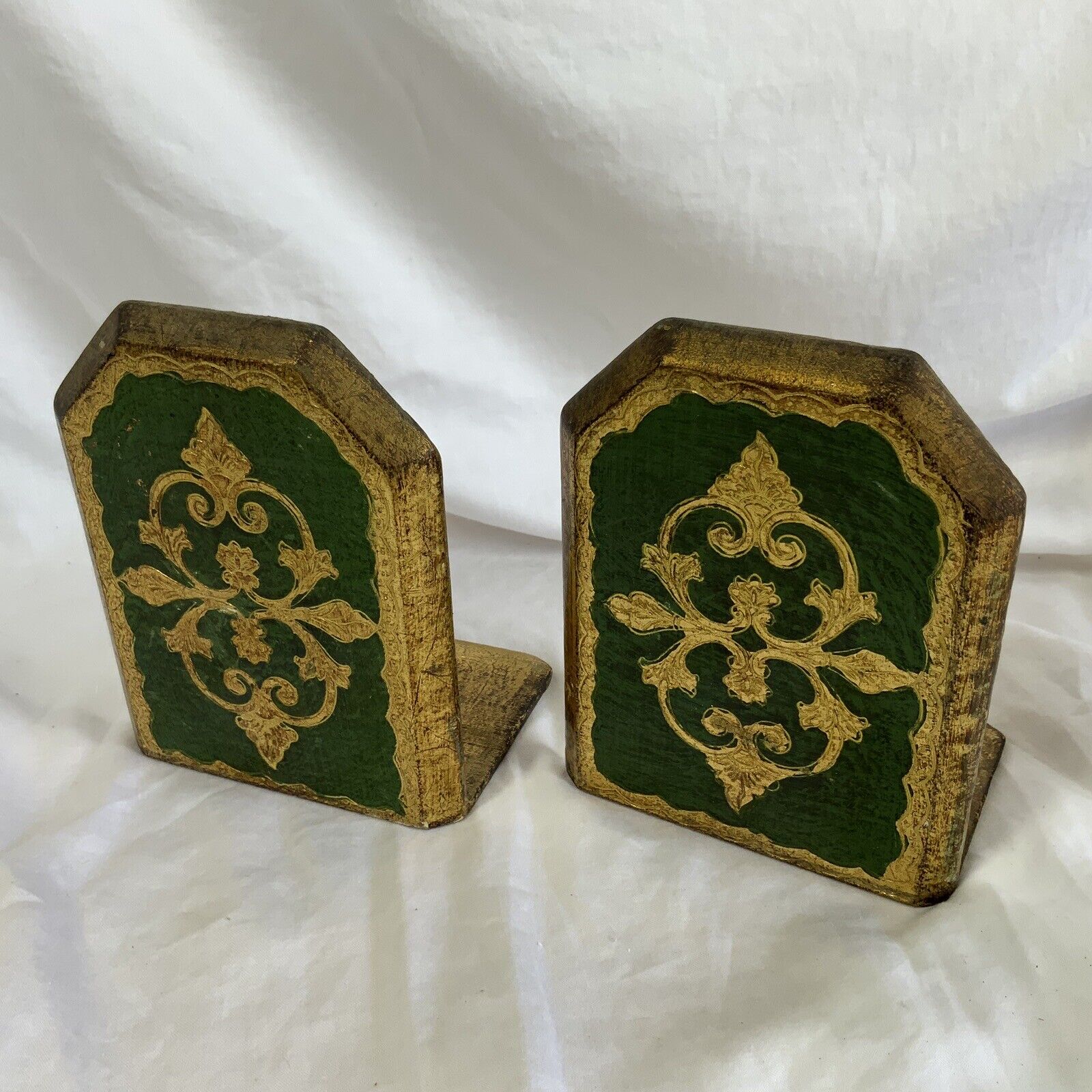 Vintage Florentine Pair Green And Gold Gilt Bookends Hollywood Regency 6.25”