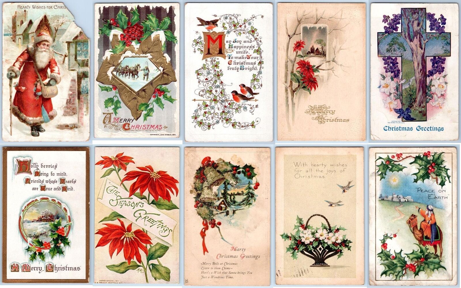 LOT/10 ANTIQUE CHRISTMAS VINTAGE POSTCARDS EARLY 1900\'s CONDITION VARIES #65