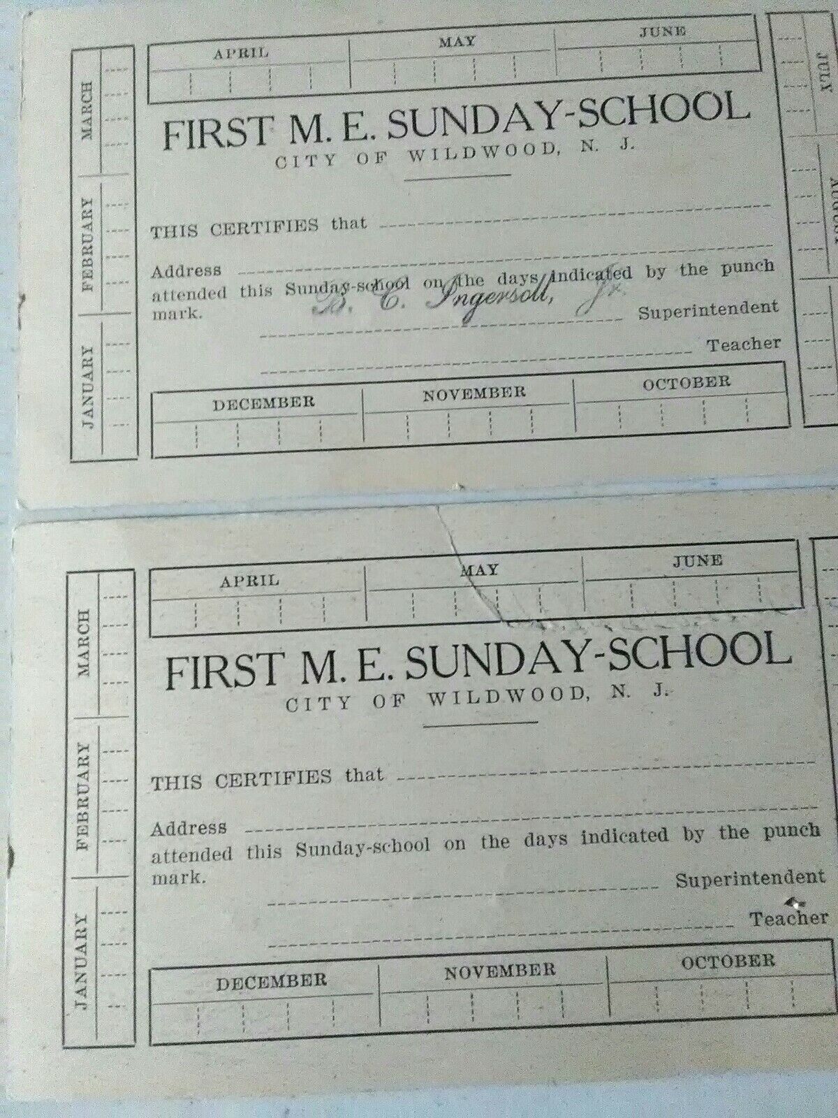2 Lot Super Rare Vtg Original Wildwood NJ Church Sunday School Attendance Cards 