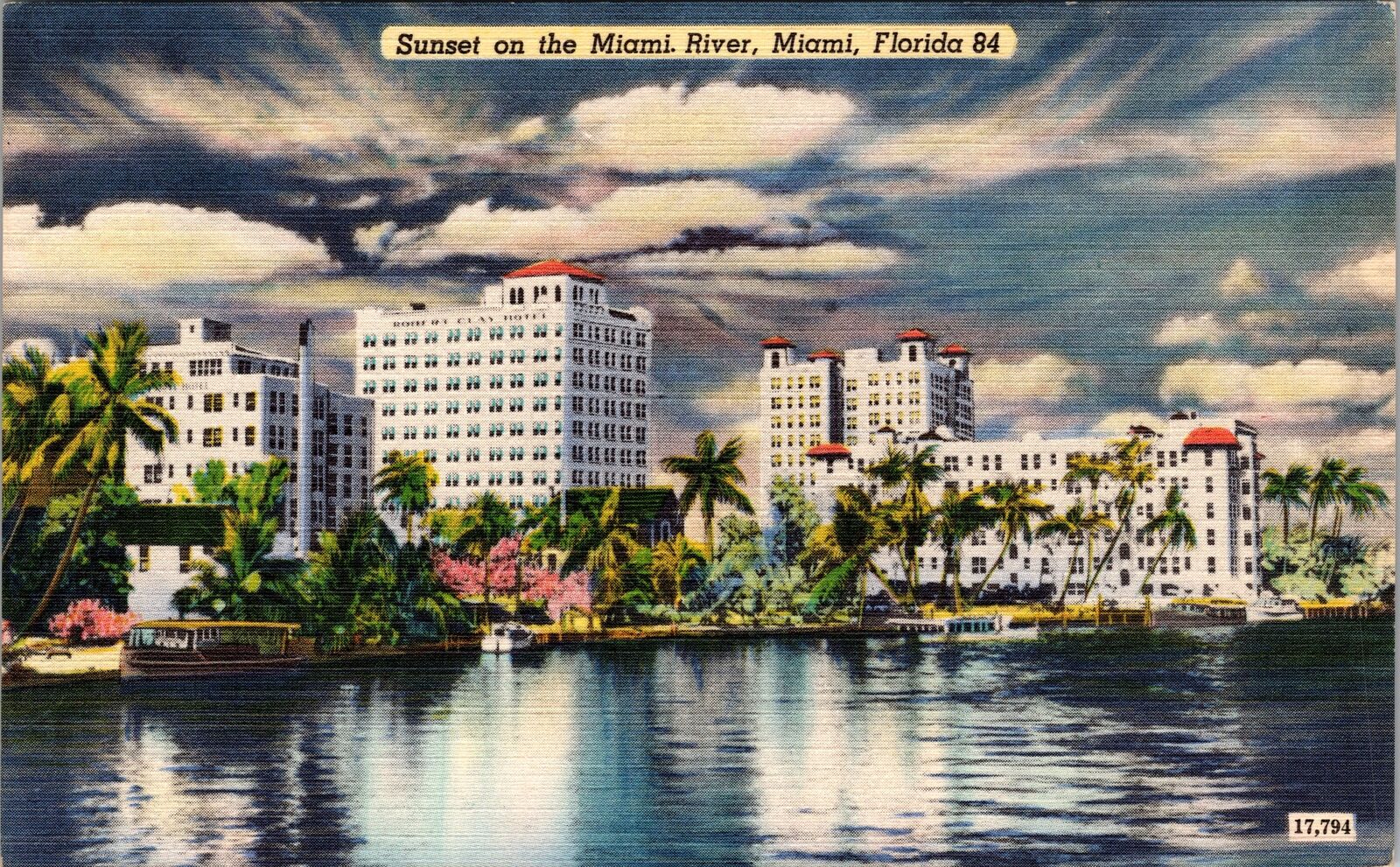 Miami FL-Florida, Sunset On The Miami River, Tour Boat Vintage Souvenir Postcard