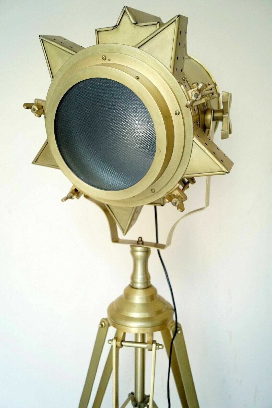 Nautical Hollywood  Antique Brass Spotlight Search Light Tripod Floor Lamp