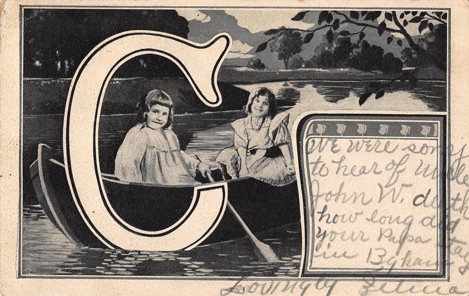 C Initial Series Little Girls in Boat Antique Undivided Back Postcard 