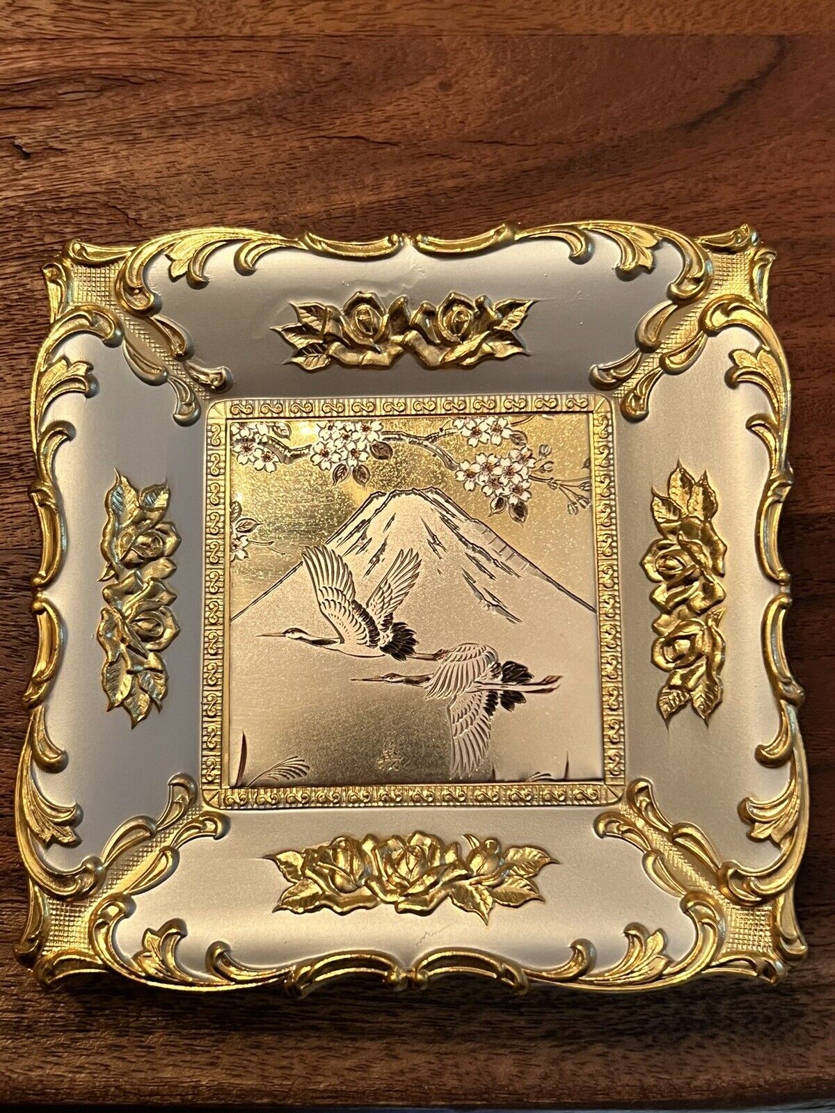 Japanese Metal Chokin Ware Music Picture Frame Gold Tone Cranes & Mt Fuji 4x4\