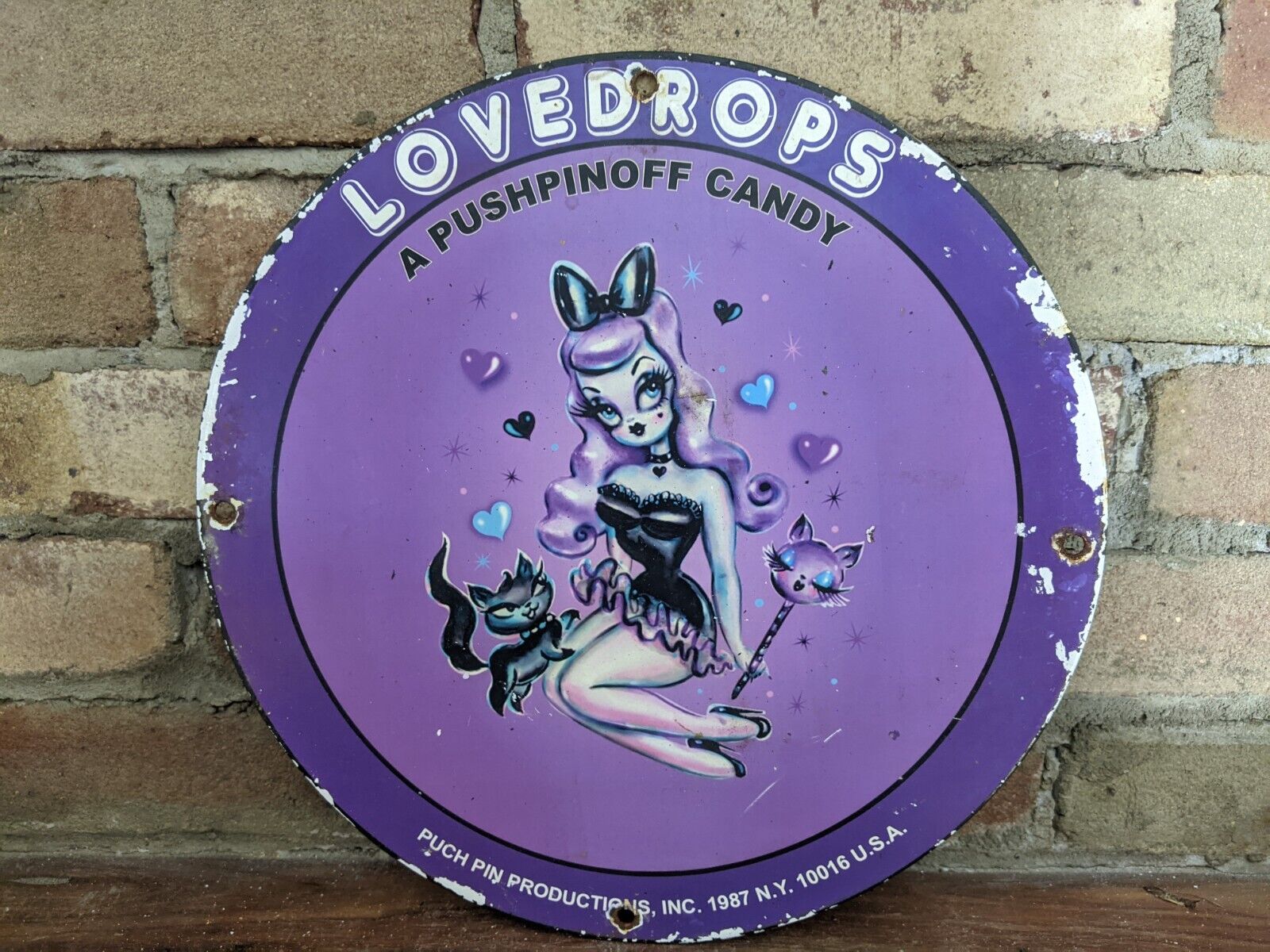 VINTAGE 1987 LOVE DROPS PUSHPINOFF CANDY PORCELAIN HEAVY METAL SIGN