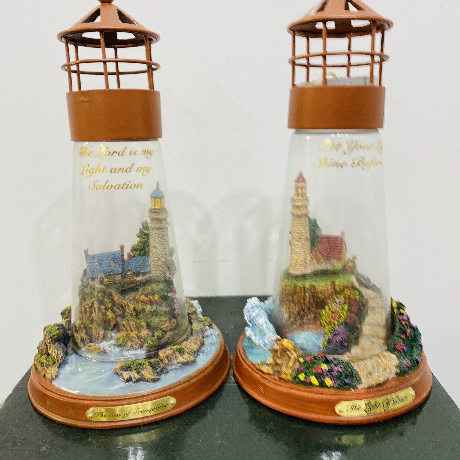 Pair Thomas Kinkade Lighthouse Tealight Holders Tranquility Peace