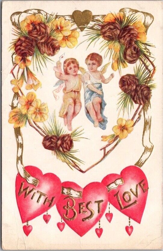 1914 VALENTINE\'S DAY Embossed Postcard Flying Cupid Angels \