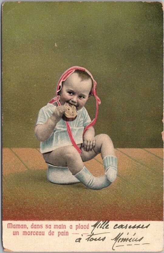 1905 Bathroom / Potty Humor Comic Postcard Child on Chamber Pot, Eating Bread