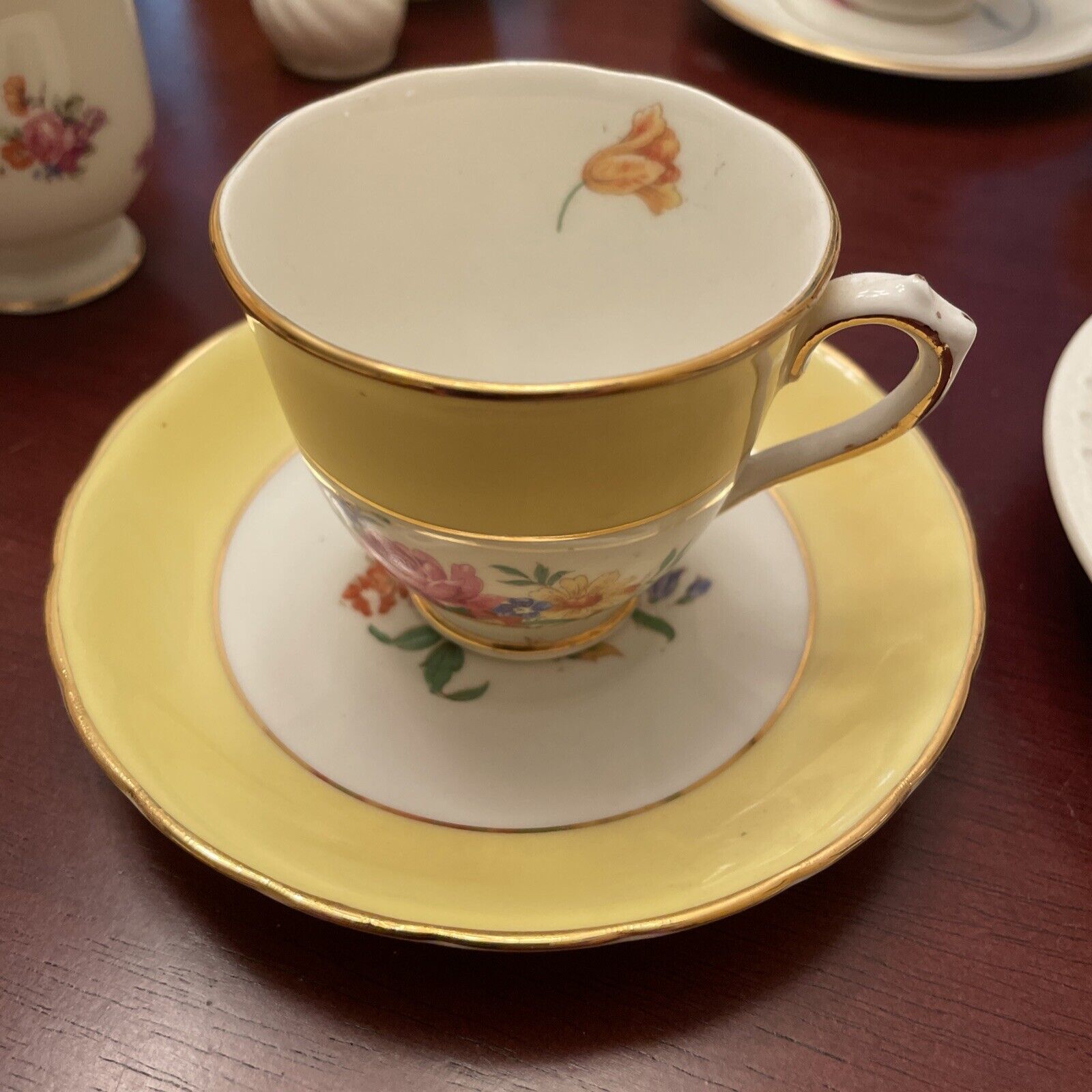 Vintage - 1930s -New Chelsea Staffs England Yellow & Floral Tea Cup & Saucer