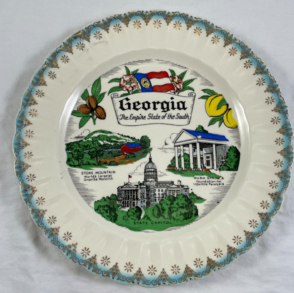 Georgia Souvenir State Plate Sanders Mfg Nashville USA Vintage Blue Rim
