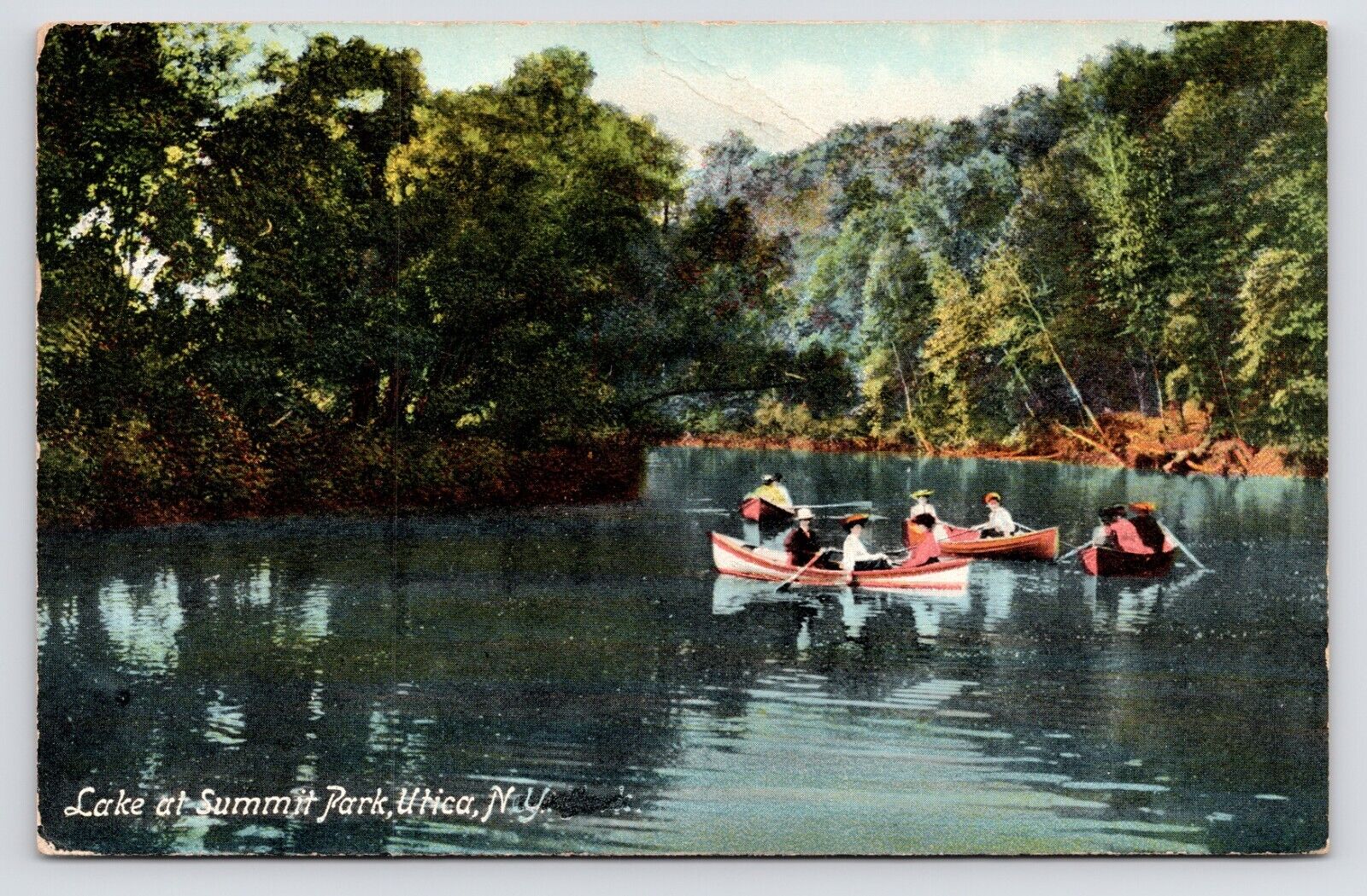 1908~Summit Park Lake~People Canoeing~Boats~Utica New York NY~Vintage Postcard