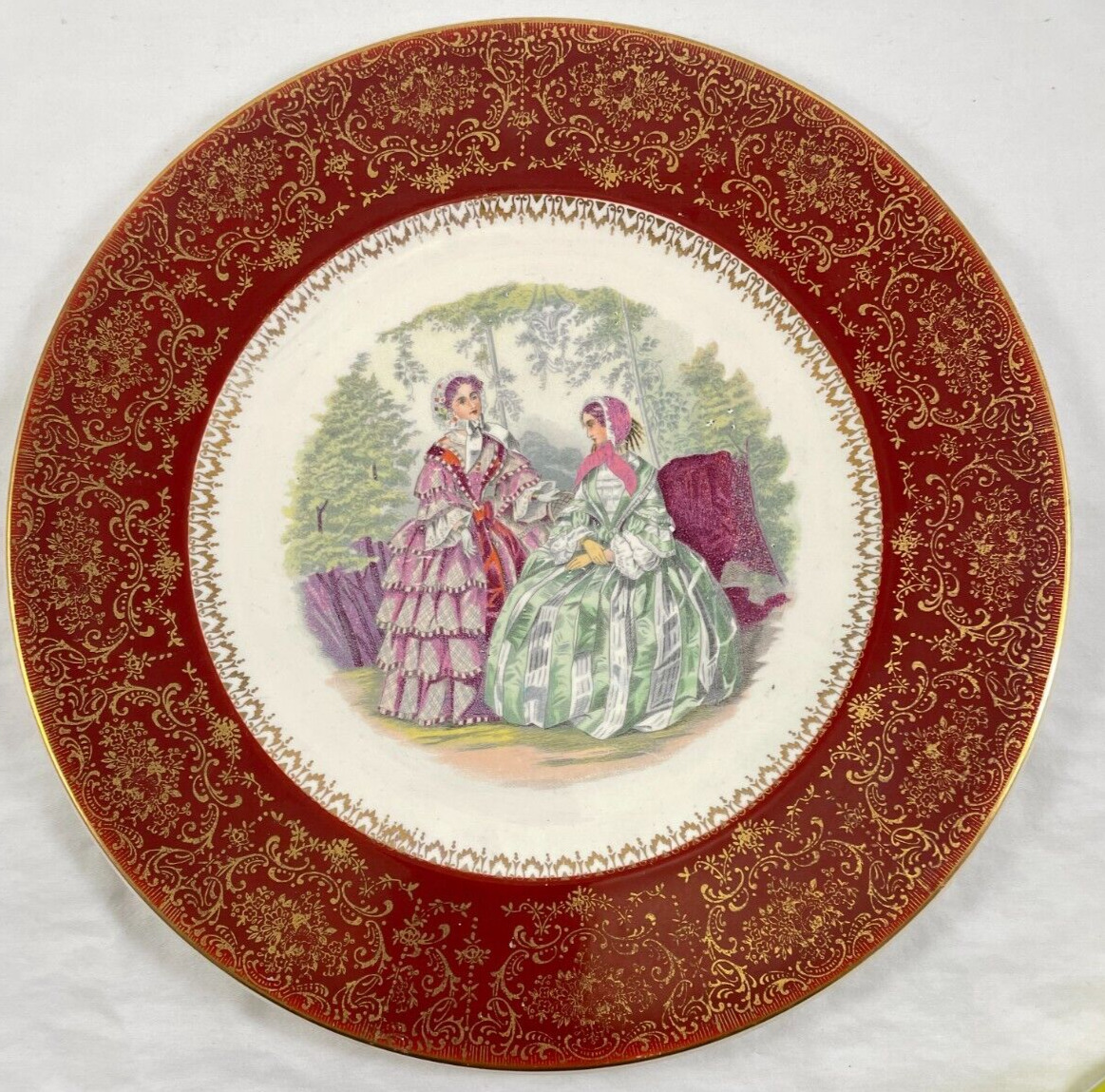 Colonial Ladies Dinner Plate Red Century By Salem 23k Gold Filigree 11” VTG