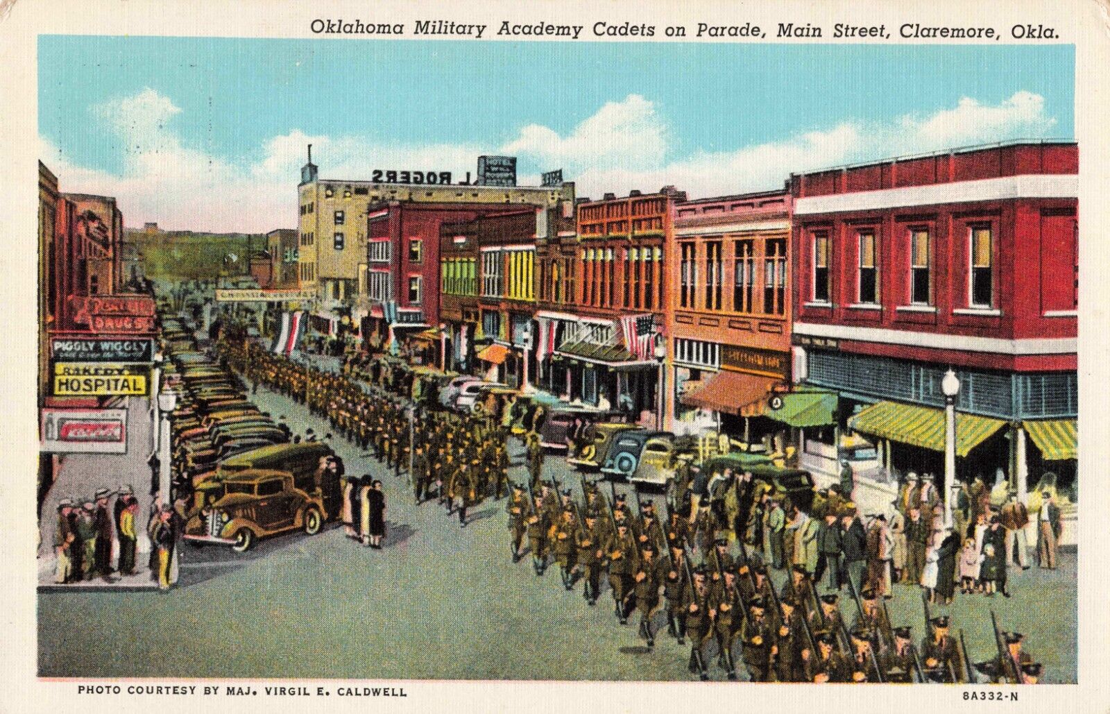 Oklahoma Military Academy on Parade Main Street Claremore OK Old Cars c1940 PC