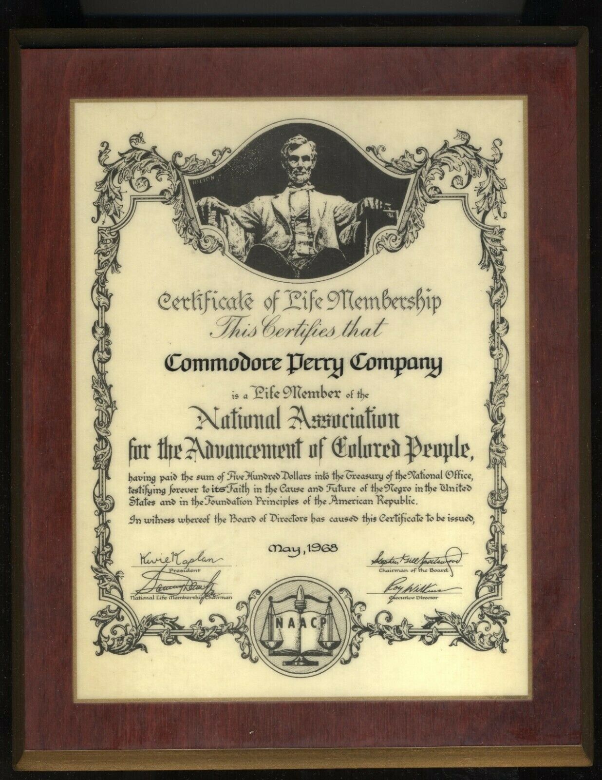 NAACP Commodore Perry life member plaque 1968 AFRICAN AMERICAN 8.5x10.5