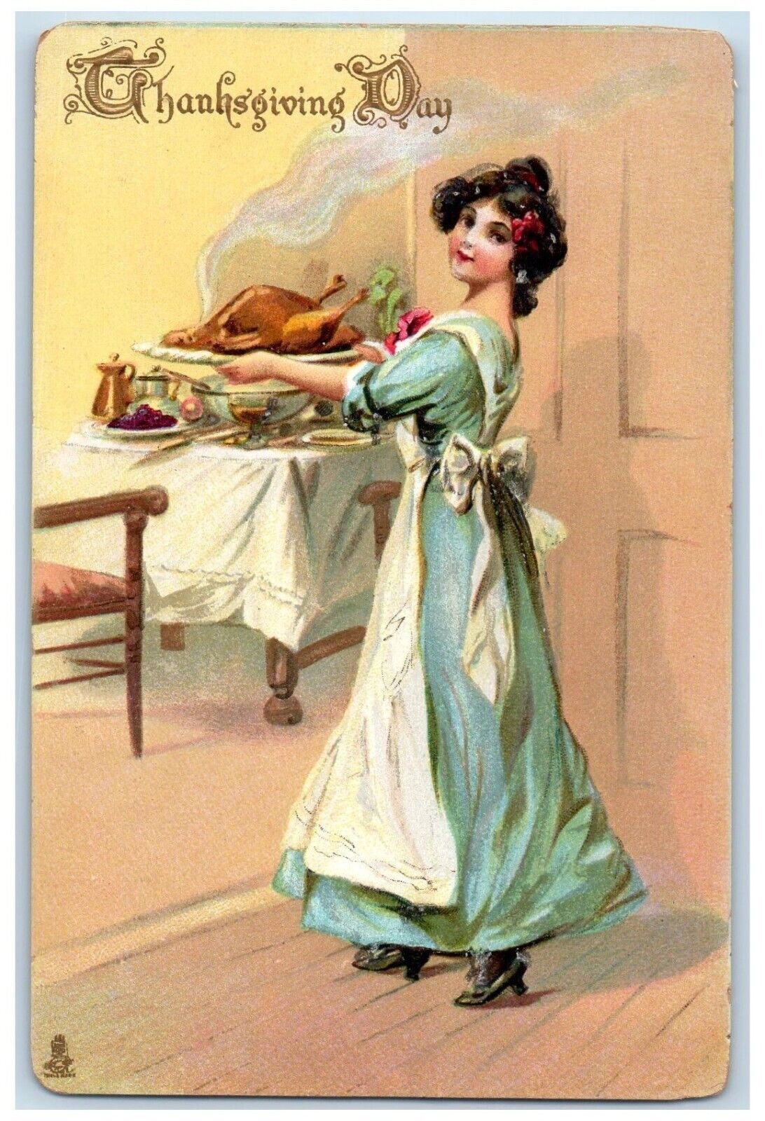 1910\'s Thanksgiving Day Pretty Woman Serving Turkey Tuck\'s Antique Postcard