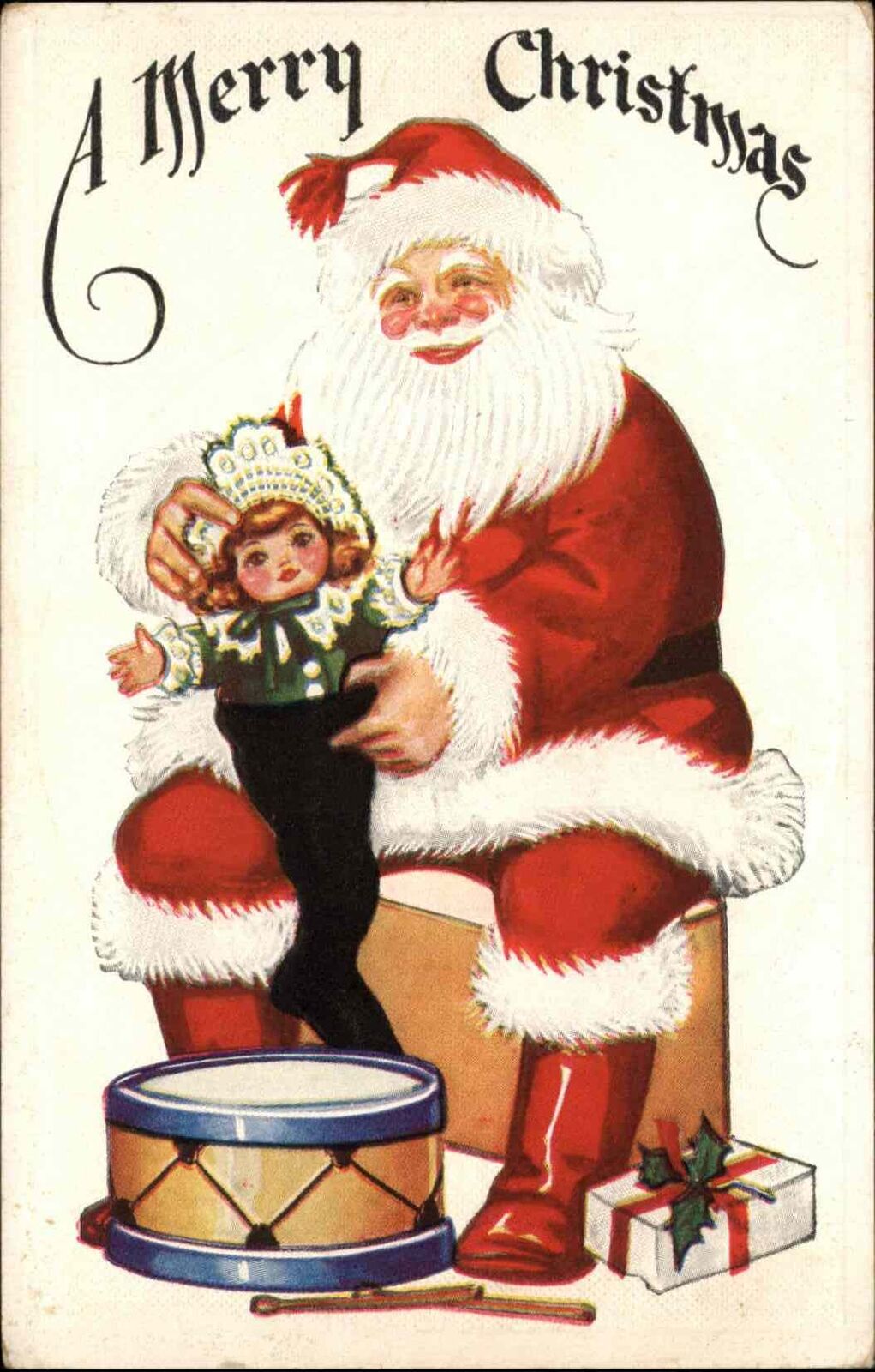 Christmas Santa Claus Toy Doll Drum Present Embossed c1900s-10s Postcard