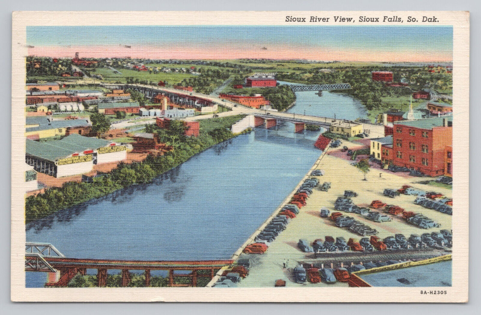 Sioux River Aerial View Sioux Falls South Dakota SD Automobiles c1943 Postcard