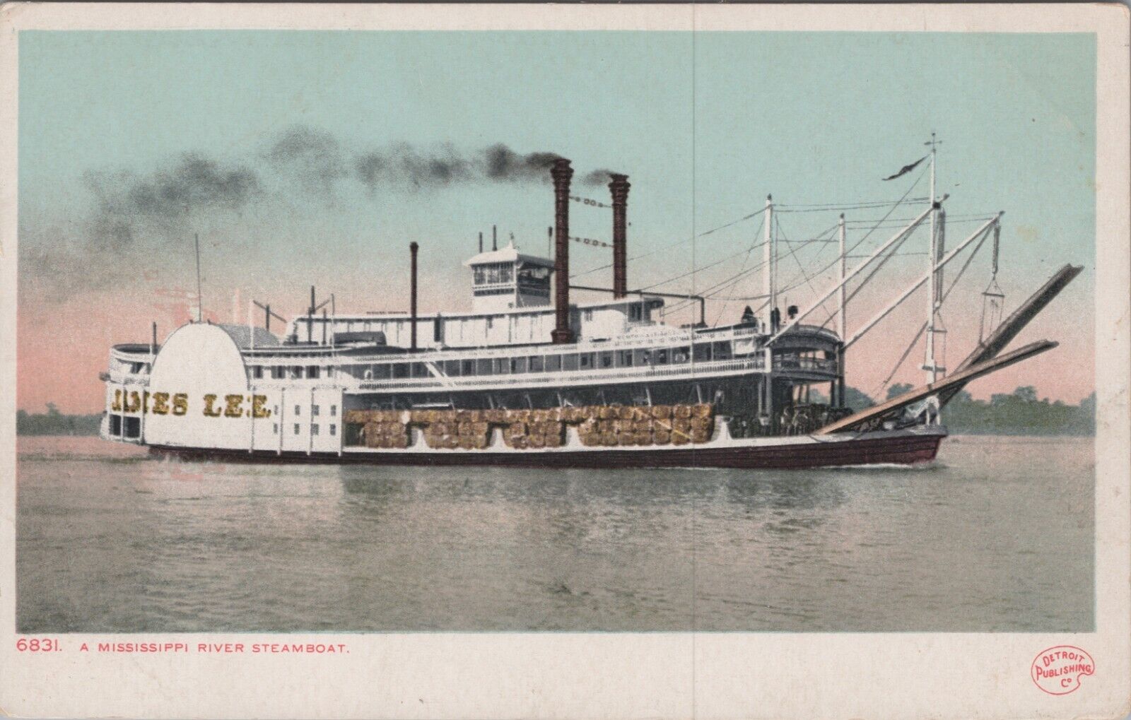 c1905 A Mississippi River Steamboat with Smoke Underway Postcard UNP 4805.3.5