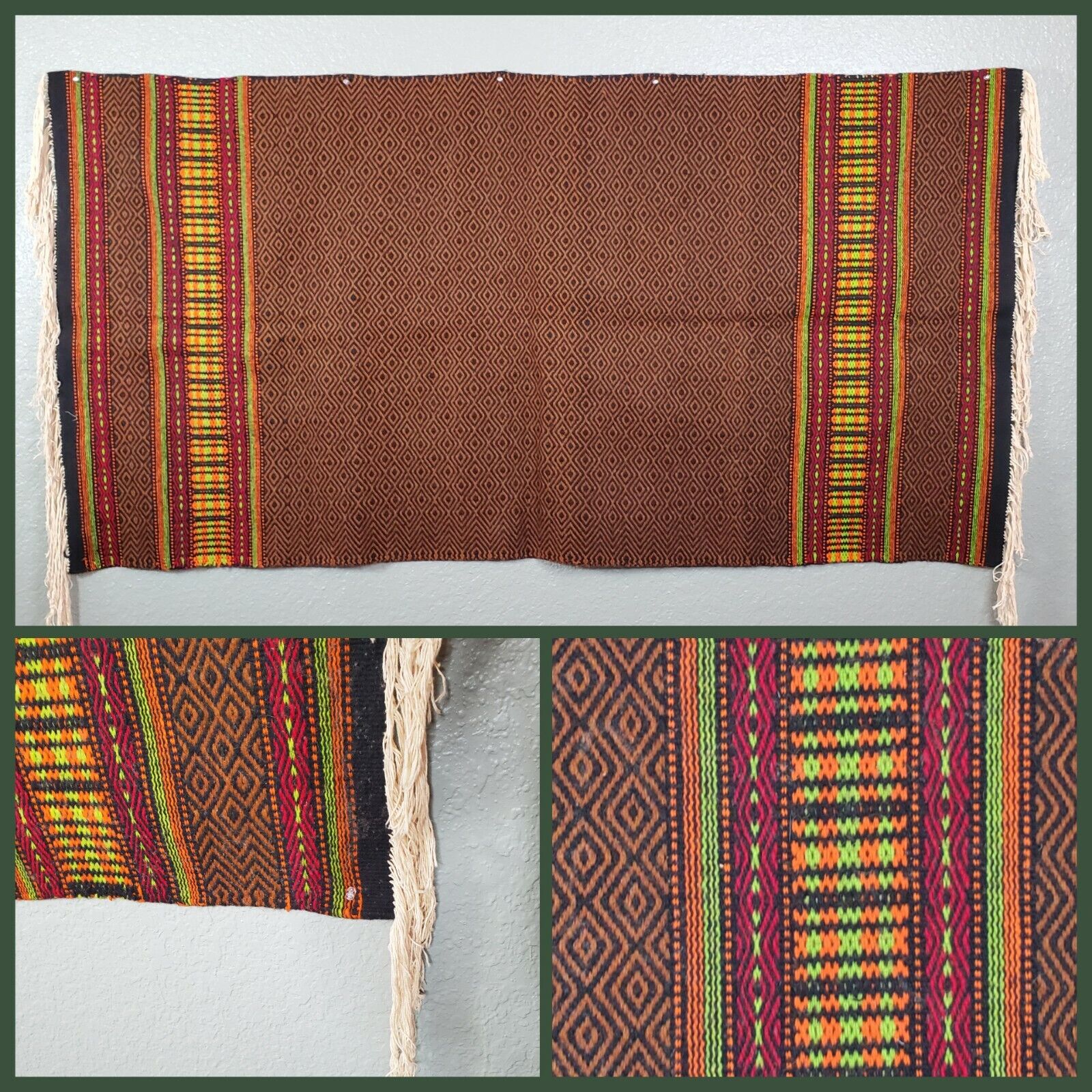 Vtg Hand Woven Mexican Wool Rug Runner Geometric Design 72”x37” +10\