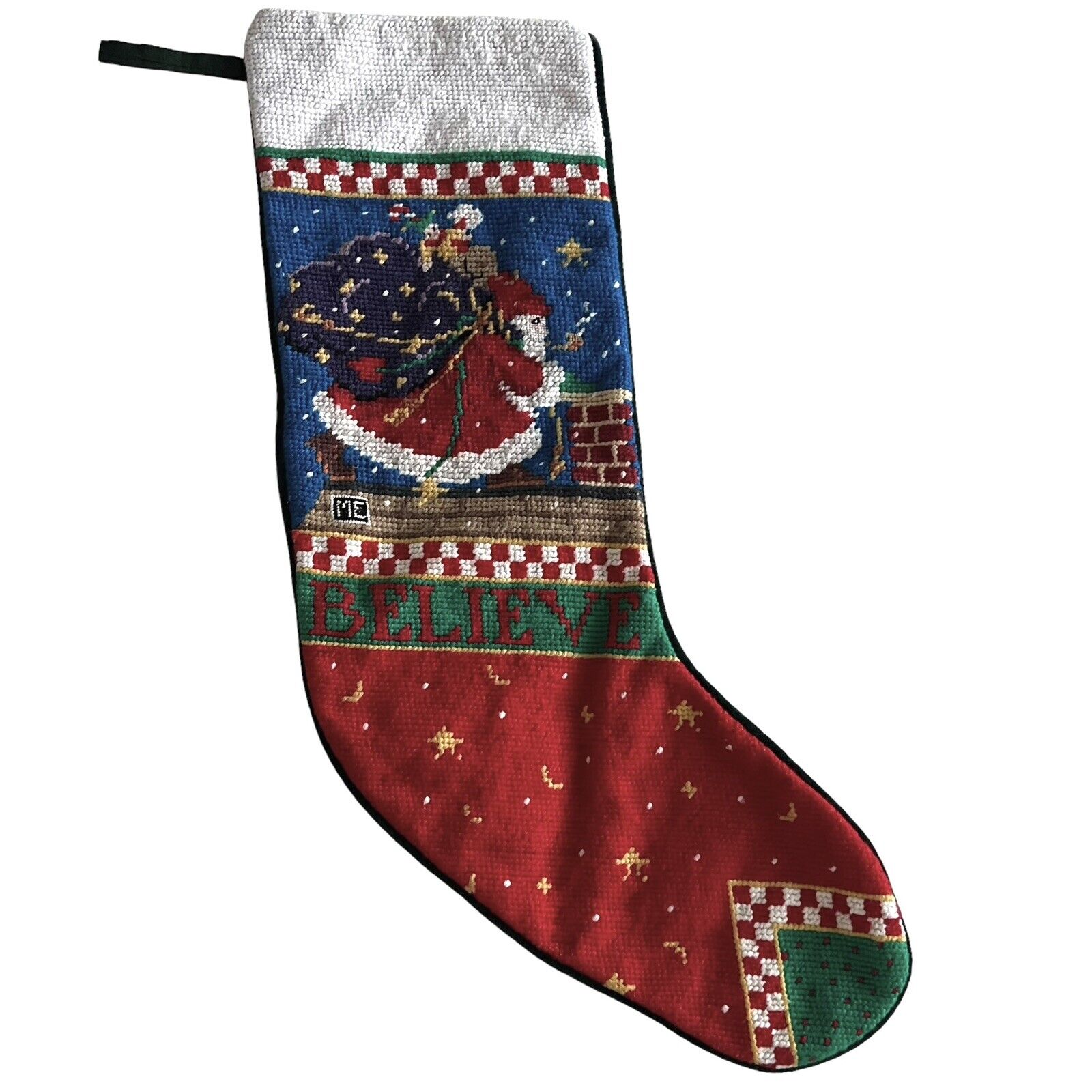 Vintage Mary Engelbreit Needlepoint Christmas Stocking BELIEVE Santa Claus