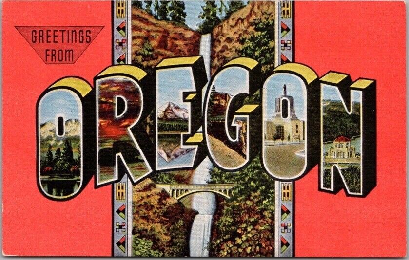 OREGON Large Letter Postcard Multnomah Falls View / KROPP Linen c1940s Unused