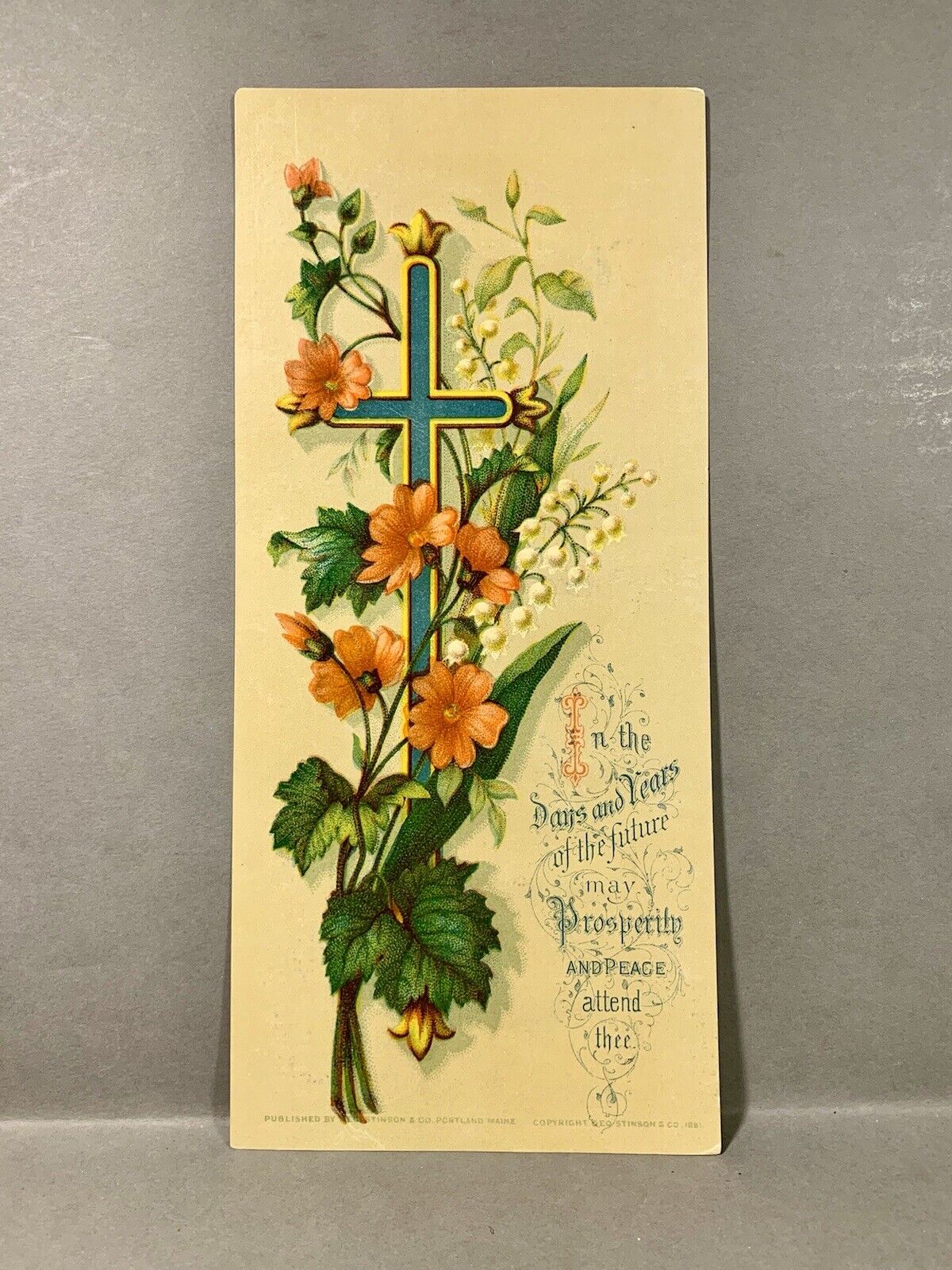 1881 Geo Stinson & Co. Portland, Maine Trade Card ~ Flowers, Cross