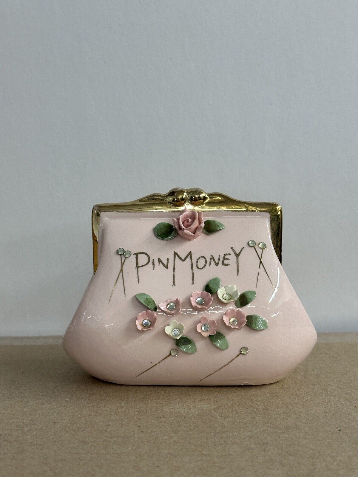 Vintage PIN MONEY Pink Ceramic Purse Money Coin Bank Flowers and Leaves