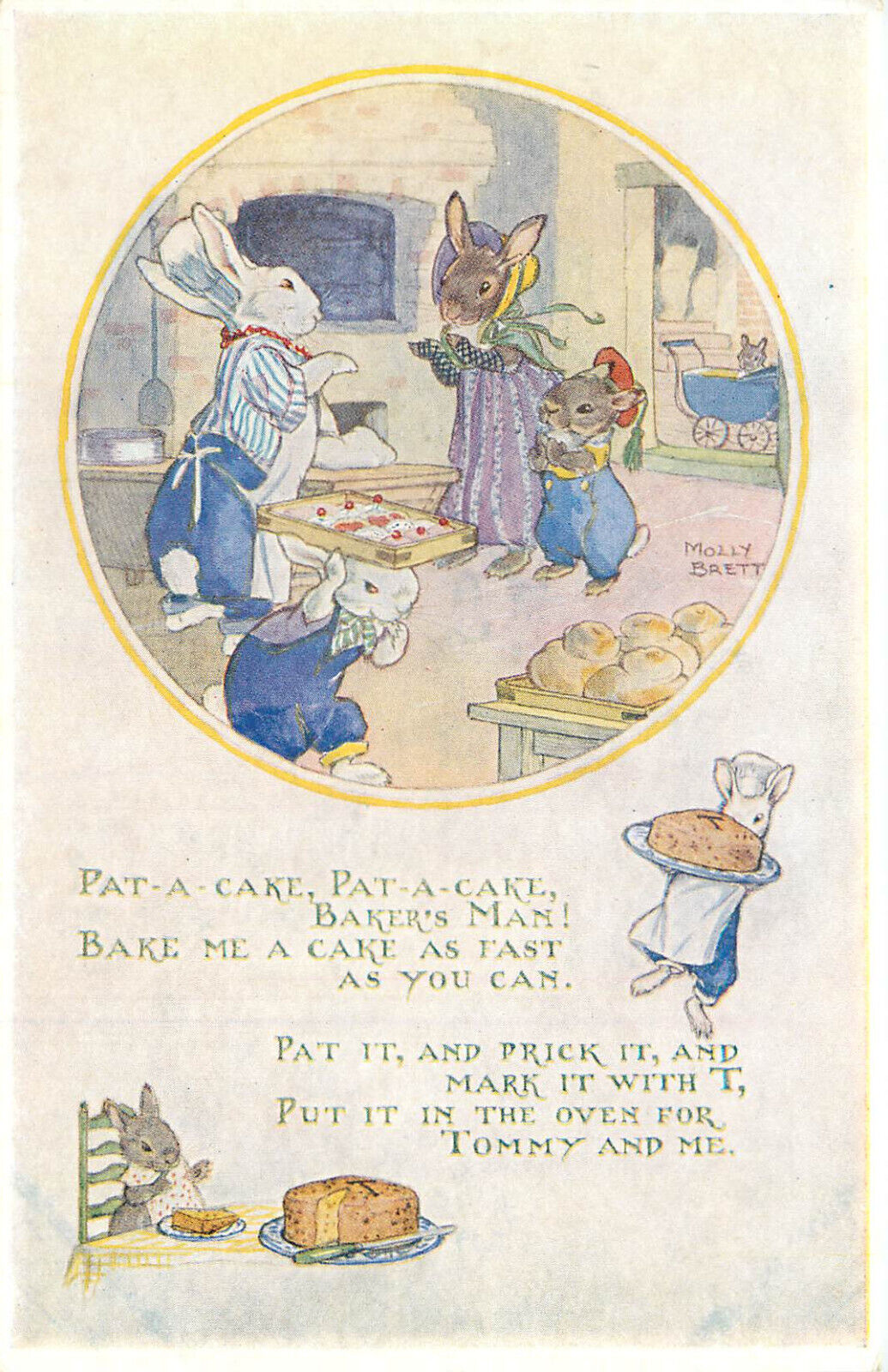 Postcard S/A Molly Brett Dressed Rabbits Pat a Cake Medici Pkt-185 Nursery Rhyme