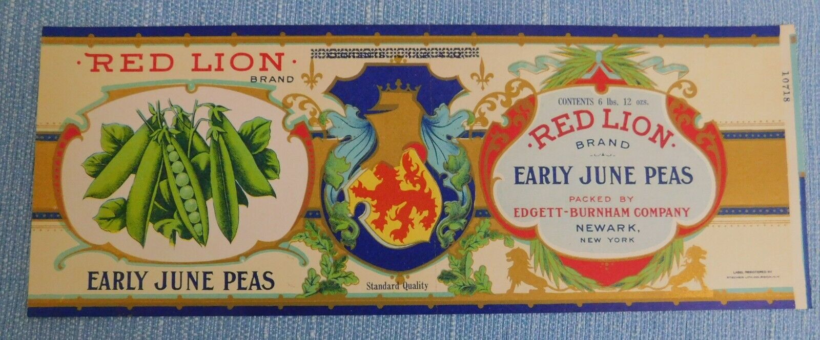 Vintage Red Lion Early June Peas  Can label ....Newark, New York