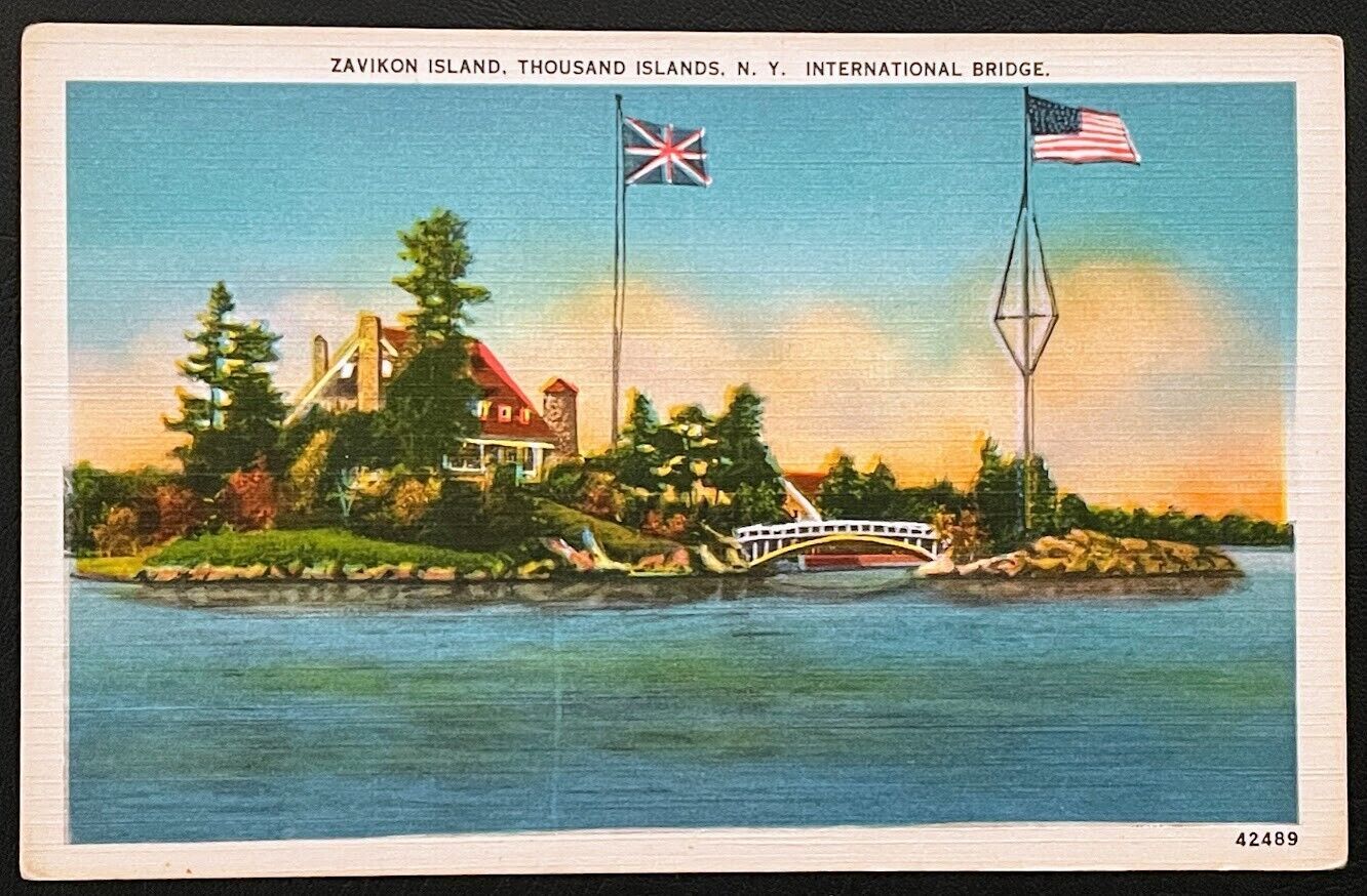 Thousand Islands New York Zavikon Island Bridge 1952 Vintage Linen NY Postcard