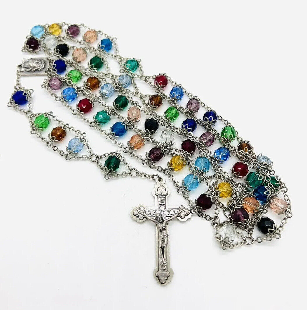 Beautiful Vintage Chunky Multicolored Faceted Crystals Rosary Filigree Accents