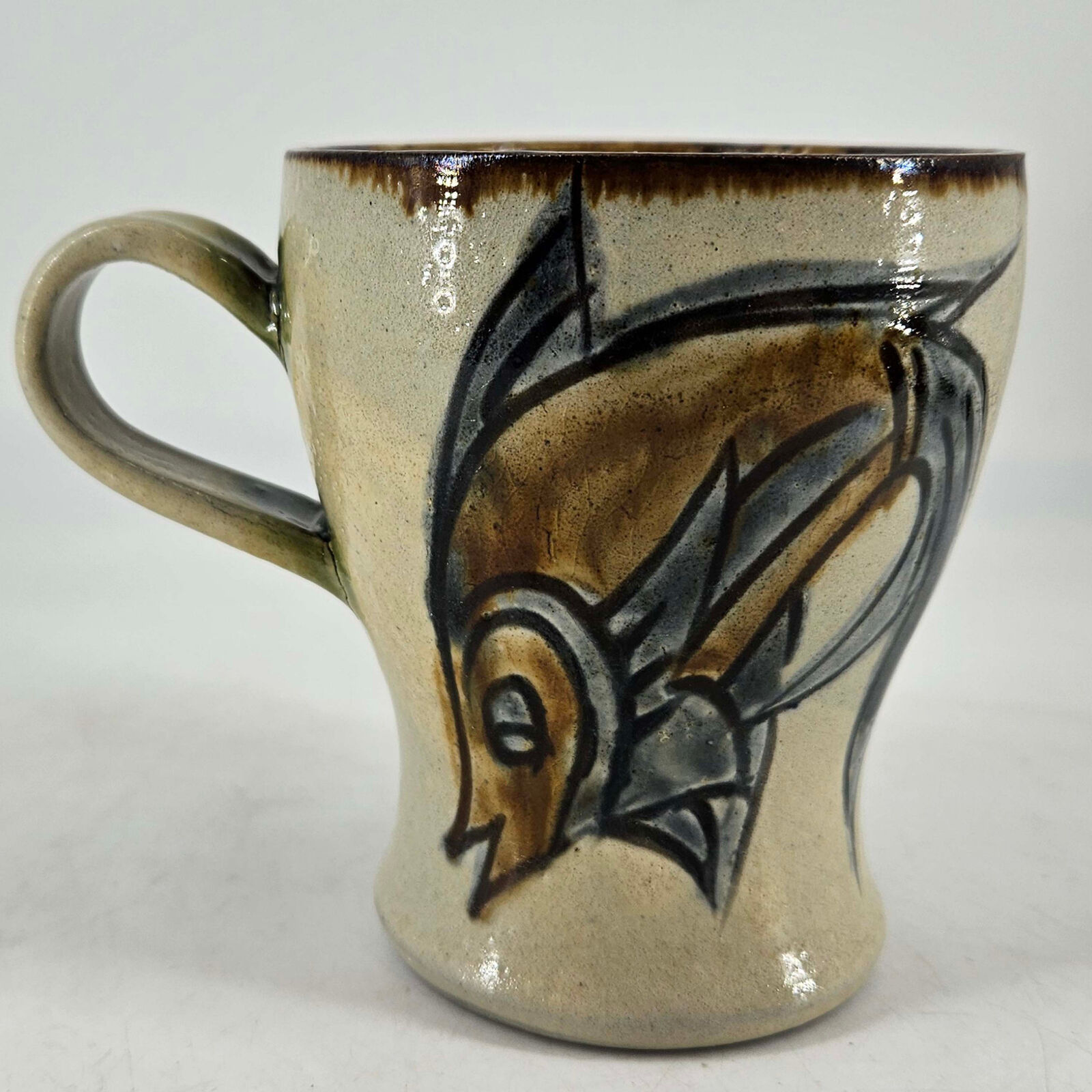 Vintage Unique Handmade Artisan Pottery Signed Coffee Mug With Fish