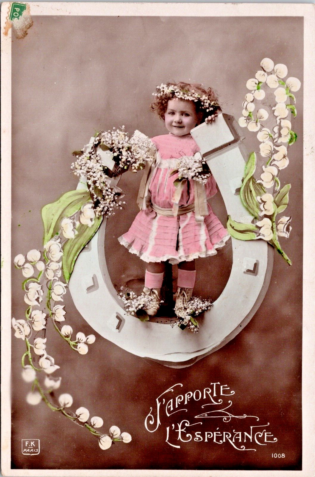 RPPC Hand Tinted Young Girl Fancy Dress Socks Lily of Valley Horseshoe WOB Z-466