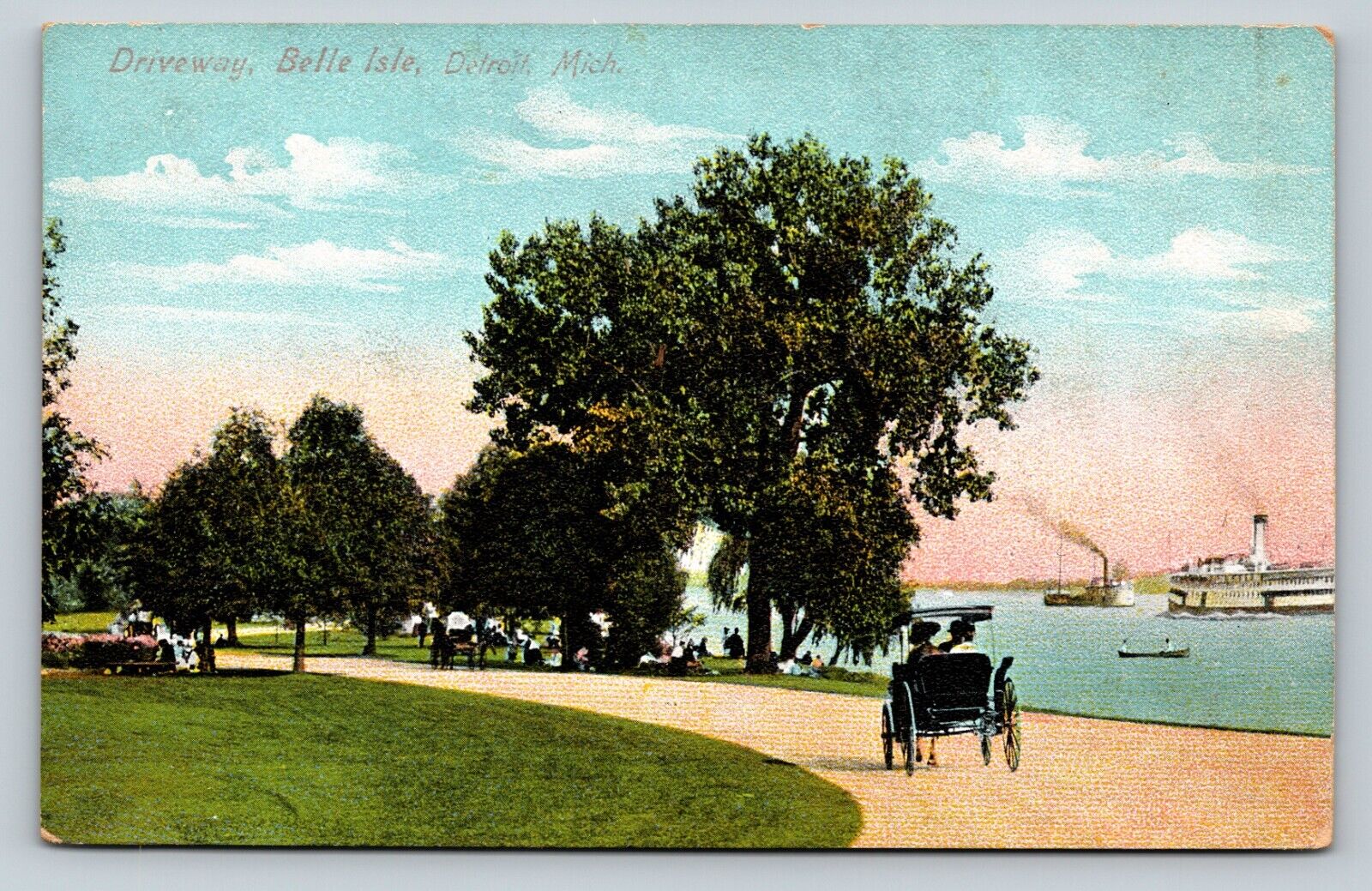 Driveway Belle Isle Steam Boats Picnics DETROIT Michigan ANTIQUE Postcard
