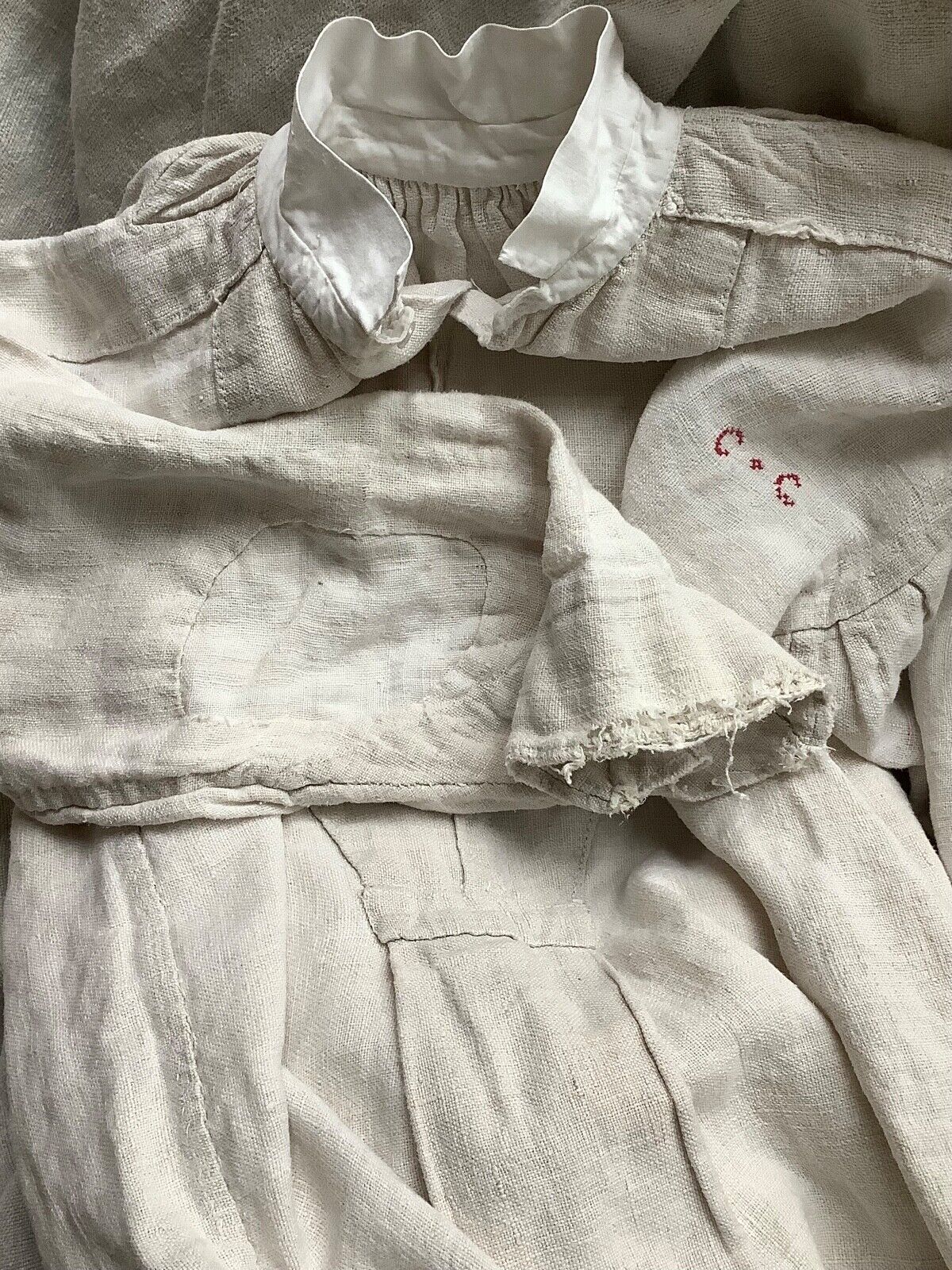 Antique French Mens Linen Rustic Timeworn Shirt Work Night Shirt Distressed