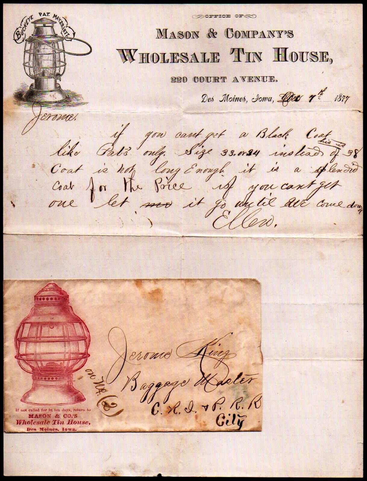 1877 Des Moines Ia - Mason & Companys - Tin House - Rare Letter Head Bill