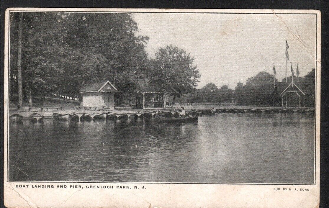 c1907 Grenloch Park Boat Landing Postcard Washington Township NJ Canoes Pier