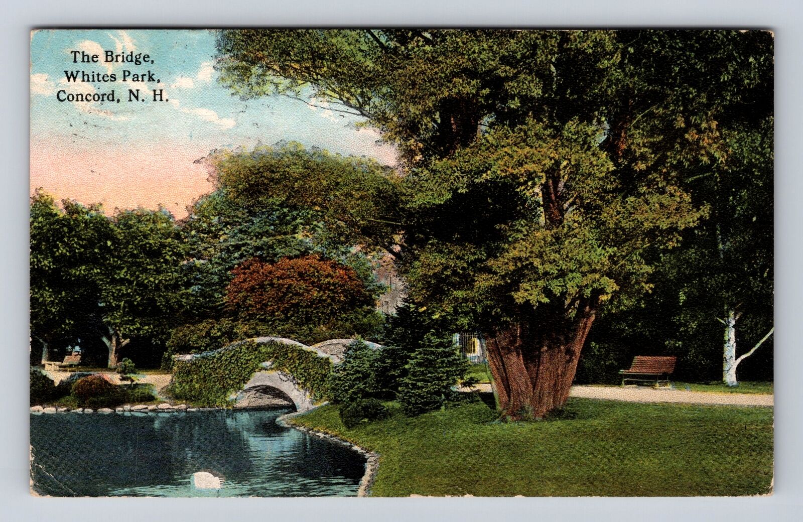 Concord NH-New Hampshire, The Bridge, Whites Park, Vintage c1914 Postcard