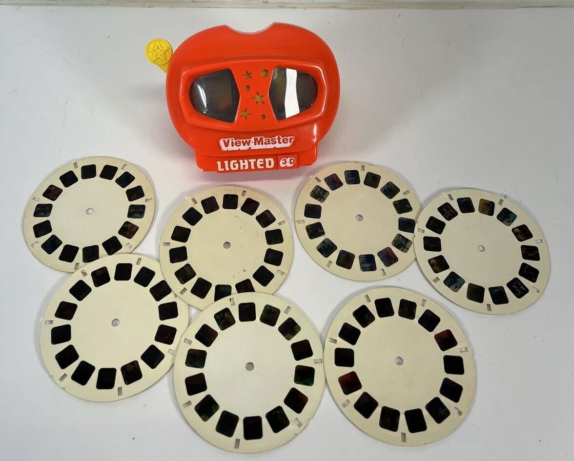 Vintage 1991 Red View-Master Yellow Handle Lighted 3D Viewer Tyco And 7 Reels