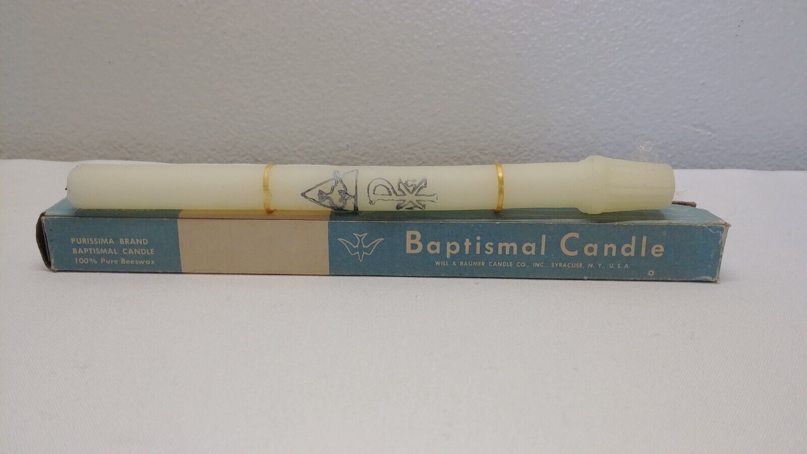 Vintage 1950s 1960s Baptismal Candle Purissima Brand 100% Bee's Wax  Religious