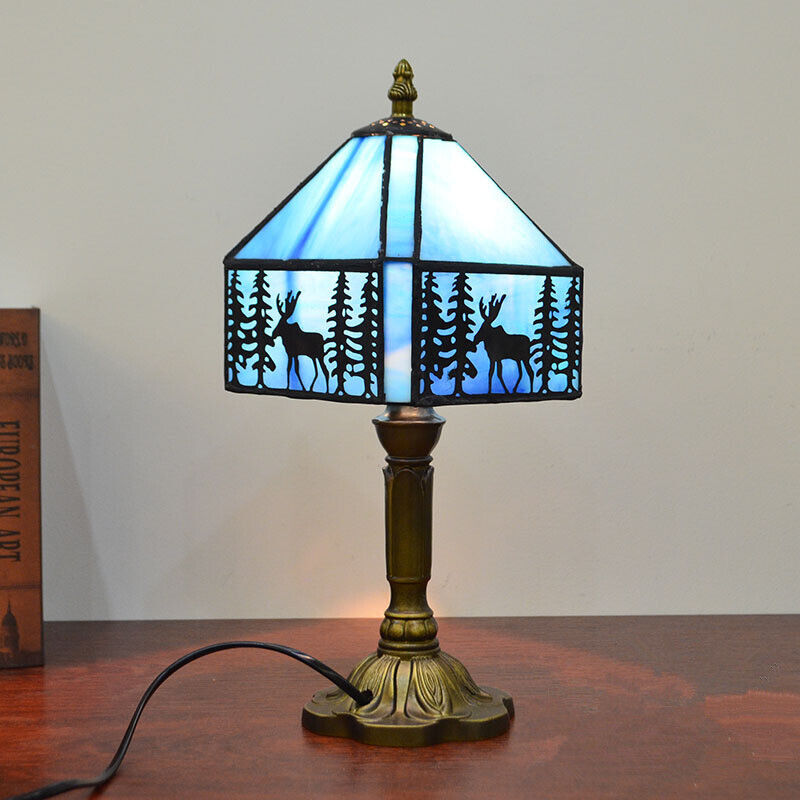20*36cm Accent Tiffany Table Lamp Handmade Stained Glass Night Light Blue Elk