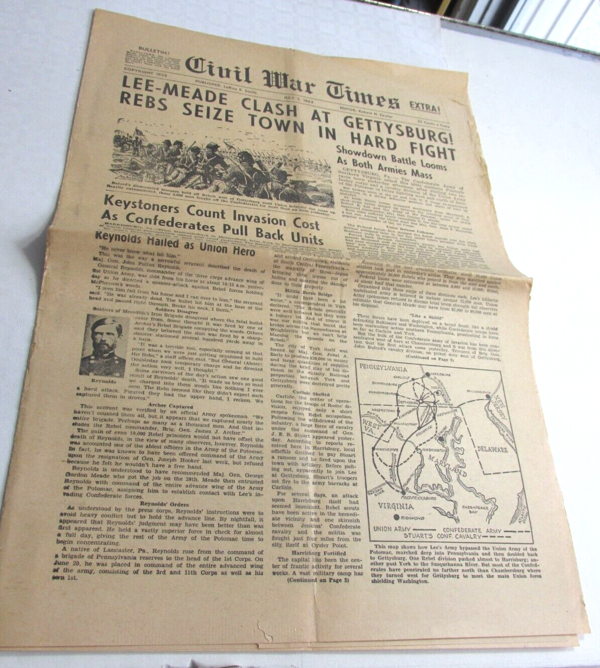1958 Copy  JULY 2, 1863 CIVIL WAR TIMES Newspaper History, 4 days of Gettysburg
