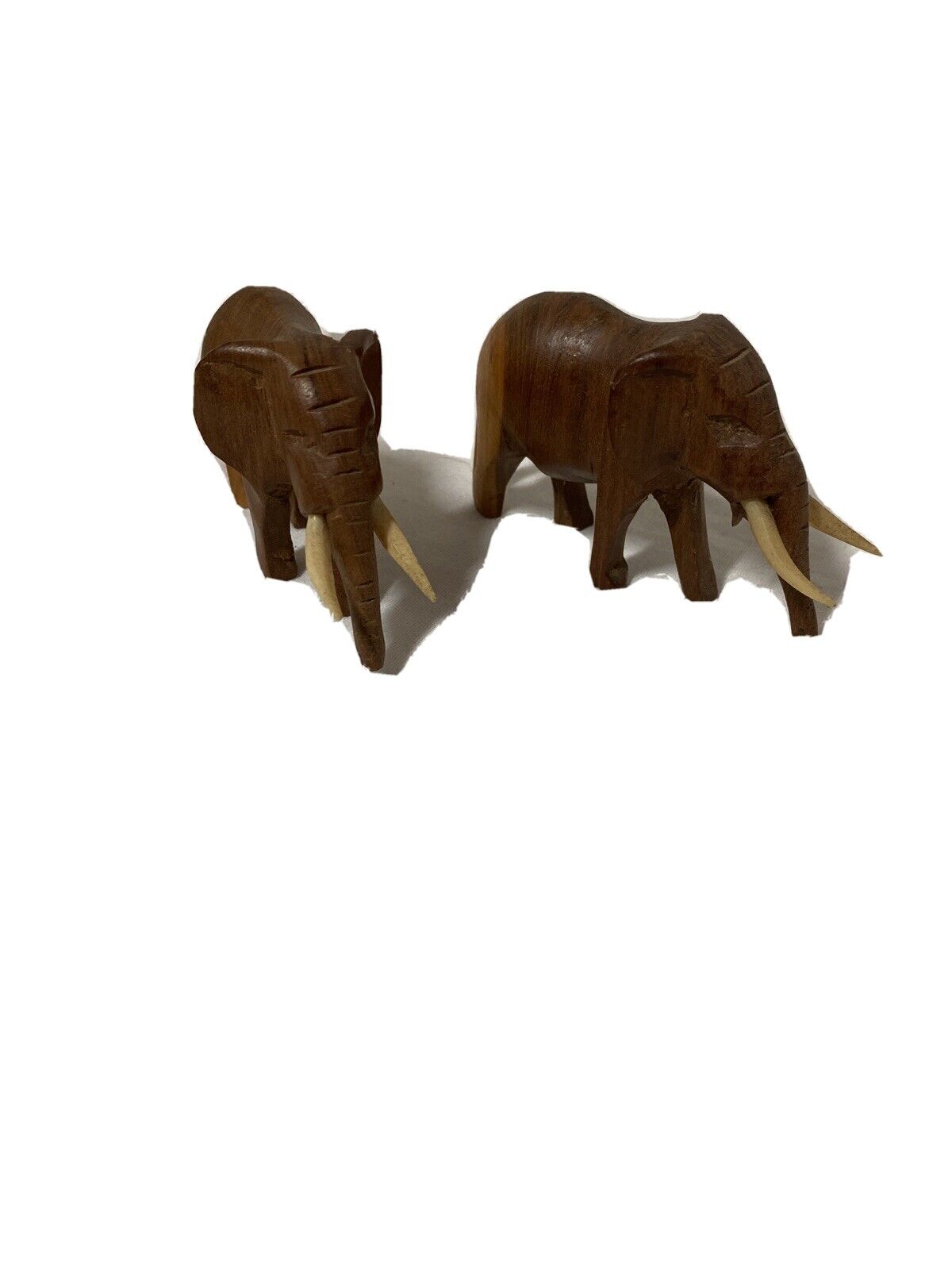 2 Small Vintage Decorative Hand Carved Dark Wooden Elephant Figurines