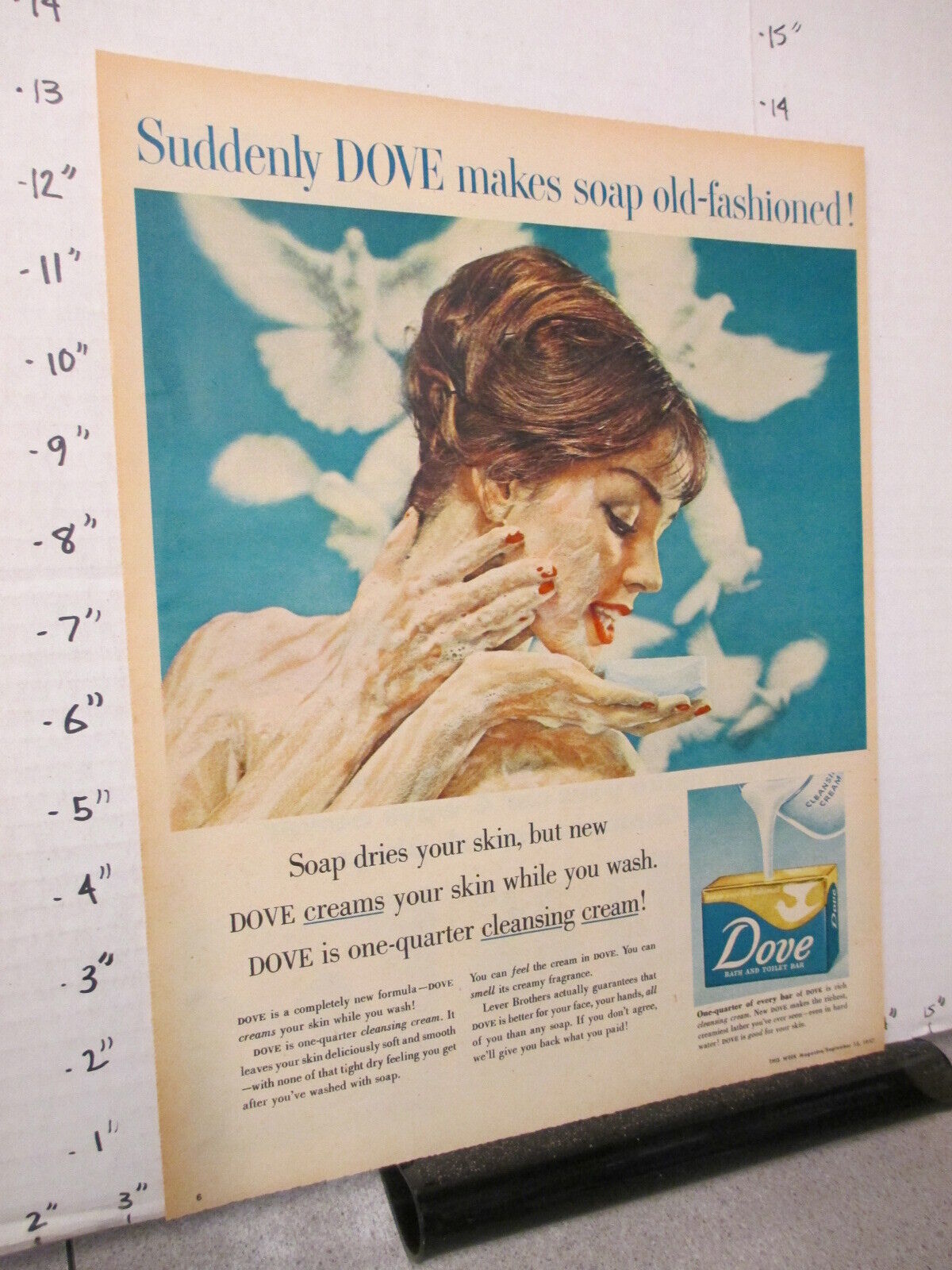 newspaper ad 1957 DOVE facial body bath soap bird nude woman bathing