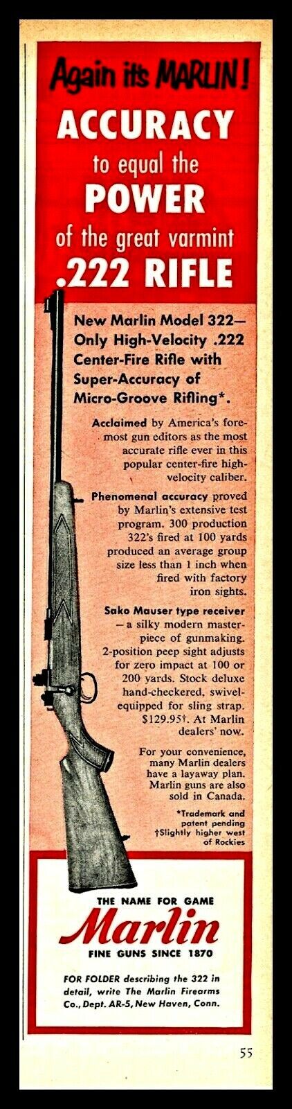 1955 MARLIN Rifle Print AD Model 322 Original Advertisin Accuracy to equal power
